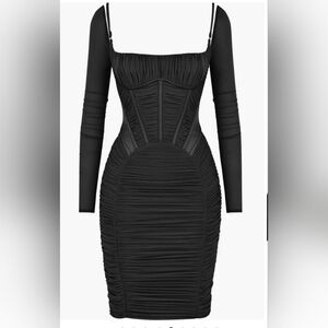 Freyja Satin Ruched Long Sleeve Body-Con Dress.